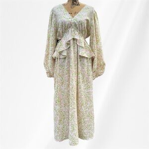 NWOT TOPSHOP Floral Cream Pink Puff Ruffle Sleeve Maxi Dress Size 6